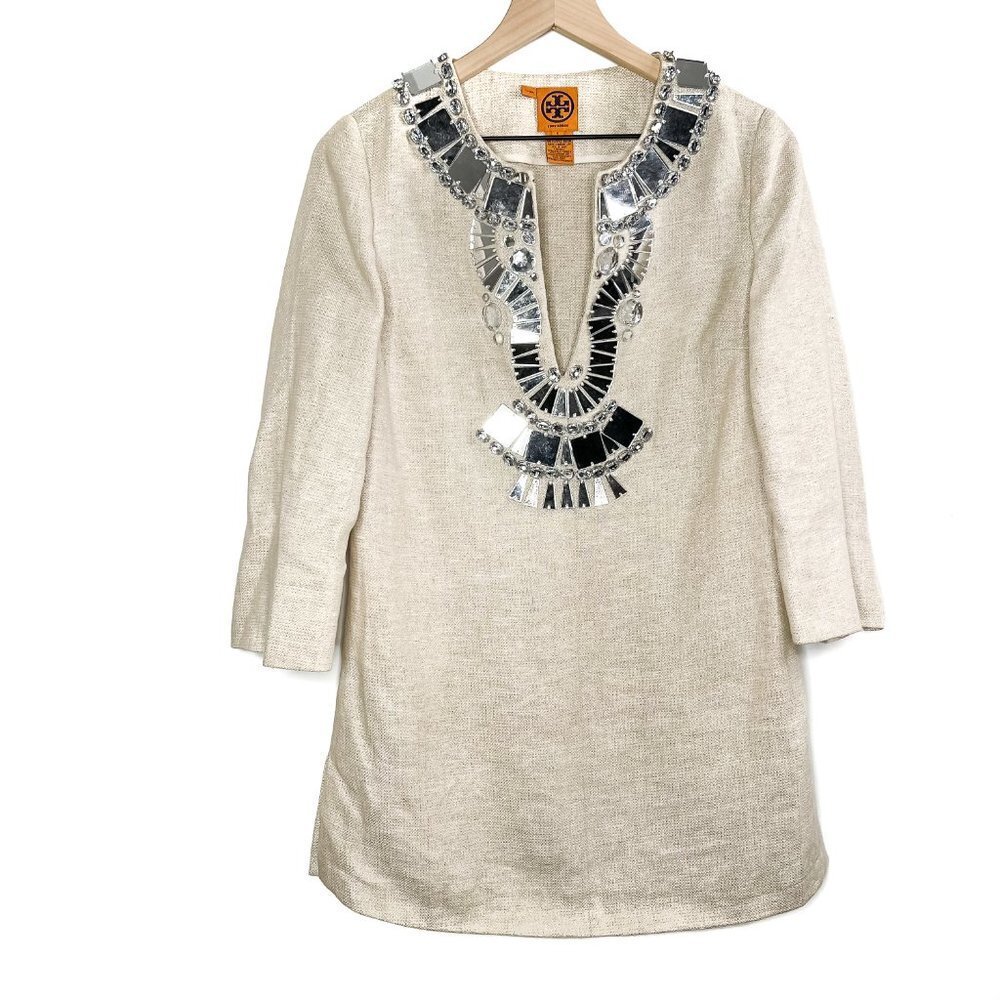Tory Burch Linen Blend Embellished Gem Rhinestone Beaded Sequin Tunic Dress 6 - Picture 7 of 7
